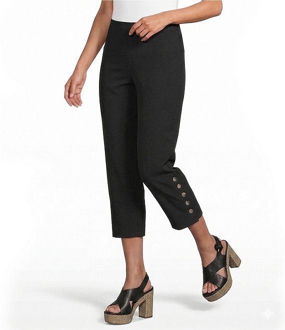 Intro Petite Size Aimee Solid Suave Knit Straight Leg Tummy Control Coconut Button Hem Pull-On Pants