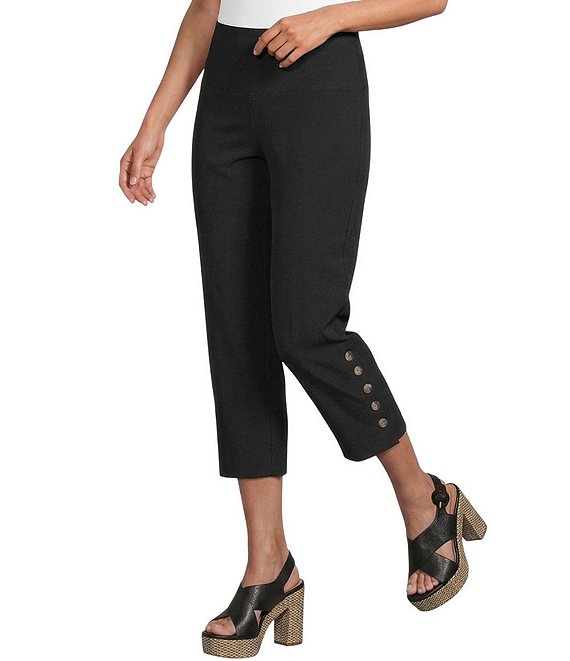 Intro Petite Size Aimee Solid Suave Knit Straight Leg Tummy Control Coconut Button Hem Pull-On Pants