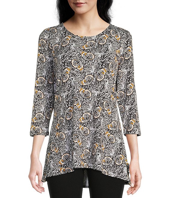 Intro Petite Size Ebony Black Floral Print Scoop Neck 3/4 Sleeve Pleat ...