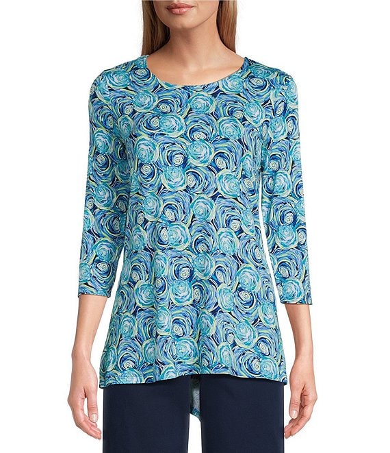 Intro Petite Size Lake Blue Floral Print 3/4 Sleeve Pleat Back High-Low ...