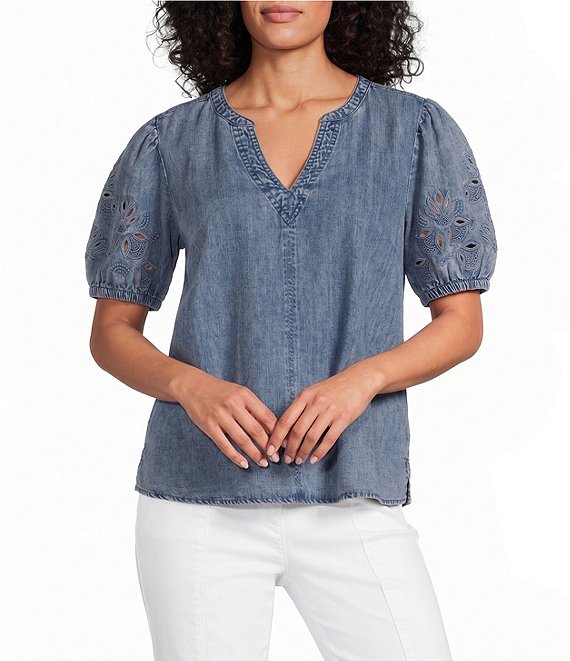 Intro Petite Size Split V-Neck Embroidered Elbow Puff Sleeve Denim Blouse