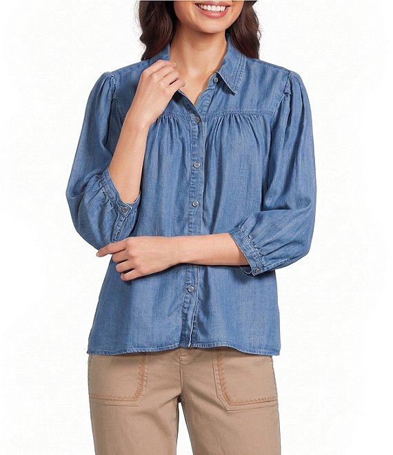 Intro Petite Size Woven Printed Point Collar 3/4 Sleeve Button Front Placket Blouse
