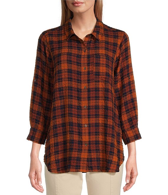 Color:Brandy Brown Plaid - Image 1 - Plaid Print Puckered Woven Point Collar Roll-Tab Sleeve Button-Down Shirt