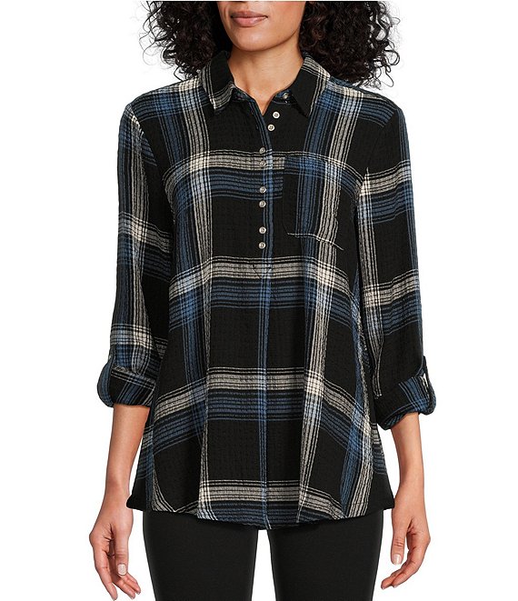 Color:Ebony Black - Image 1 - Plaid Print Woven Point Collar Roll-Tab Sleeve A-Line Swing Popover Tunic