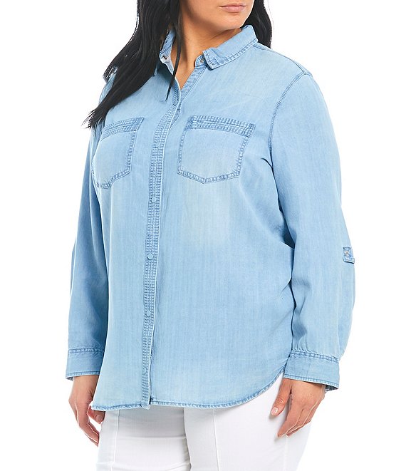 Color:Light Bleach Wash - Image 1 - Plus Size Button Front Slub Point Collar Roll-Tab Long Sleeve Lyocell Shirt