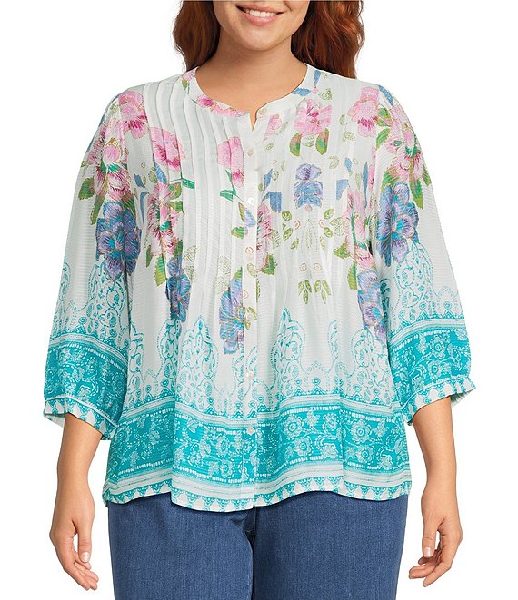 Intro Plus Size Begonia Pink Pleated Button-Front Blouse