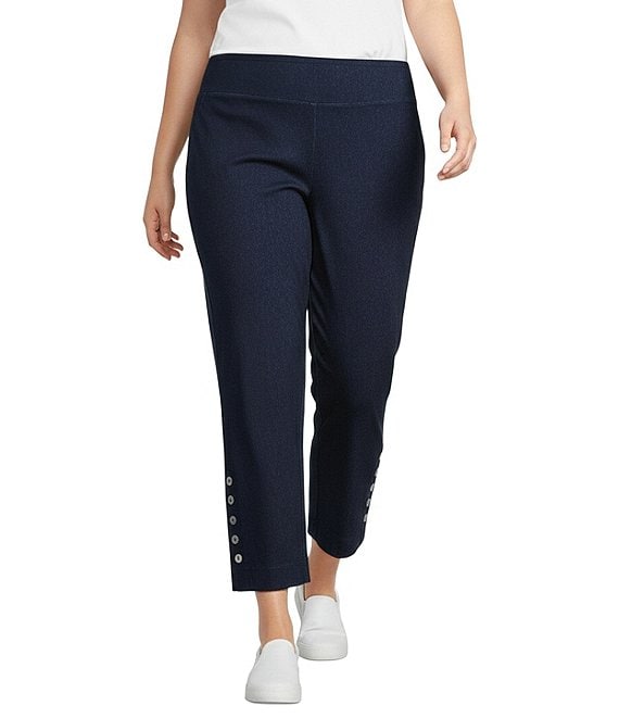Intro Plus Size Double Knit Straight Leg Traveler Pull-On Ankle Denim Pants, Dark Wash - Image 1