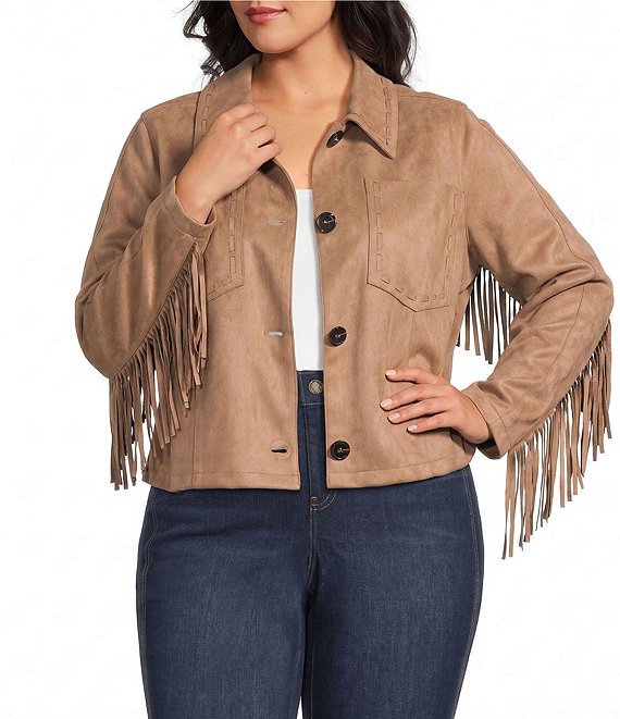 Intro Plus Size Faux Suede Fringe Point Collar Long Sleeve Jacket