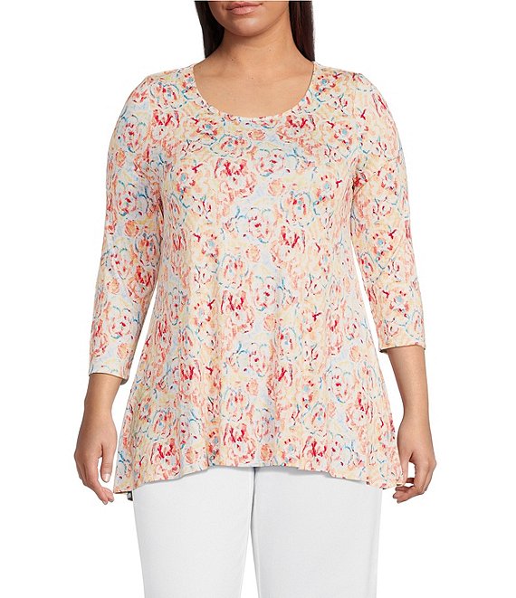 Intro Plus Size Floral Print Round Neck 3/4 Sleeve Pleat Back High-Low ...