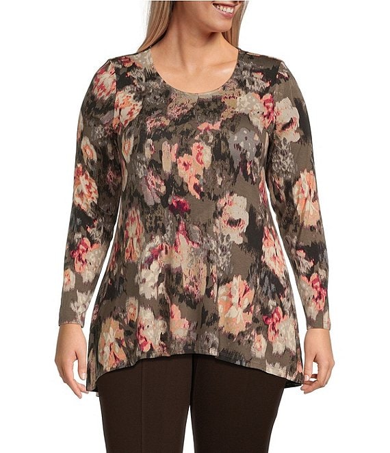 Intro Plus Size Floral Print Scoop Neck 3/4 Sleeve Pleated Back High ...