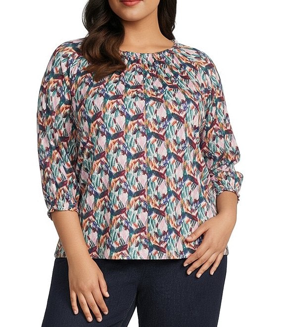Intro Plus Size Knit Jersey Teal Abstract Print Scoop Neck 3/4 Sleeve Blouse, Teal - Image 1