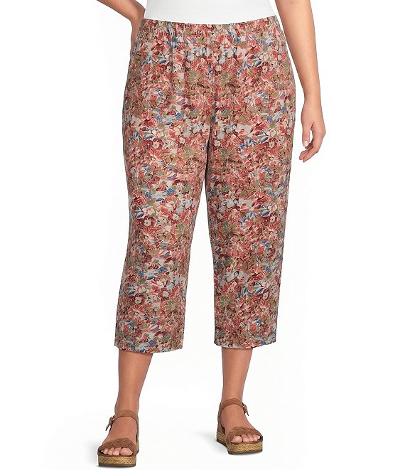 Intro Plus Size Linen-Blend Abstract Floral Print Pull-On Capri Pants