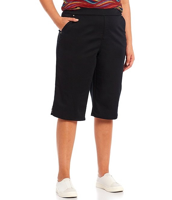 Color:Ebony Black - Image 1 - Plus Size Rose Heatseal Trim Side Hem Embellished Tummy Panel Mid Rise Bermuda Skimmer Shorts