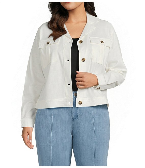 Intro Plus Size Stretch Slub Weave Notch Collar Long Sleeve Easy Fit Button-Front Jacket