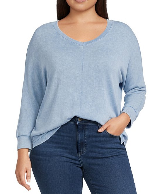 Intro Plus Size V-Neck 3/4 Sleeve Washed Knit Sweater, Riviera - Image 1