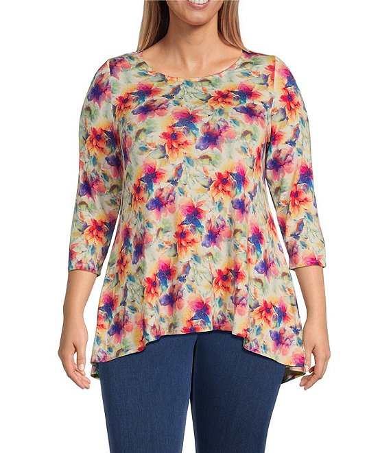 Intro Plus Size Watercolor Floral Print Scoop Neck 3/4 Sleeve Pleated ...