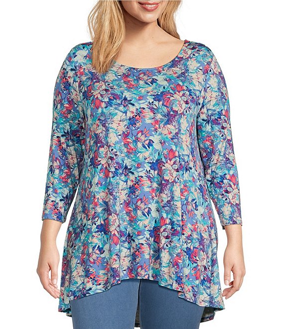 Intro Plus Size Watercolor Print Round Neck 3/4 Sleeve Pleat Back High ...
