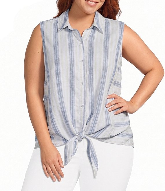 Intro Plus Size Woven Stripe Point Collar Sleeveless Button-Front Tie Hem Shirt