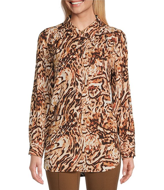 Intro Printed Woven Point Collar RollTab Sleeve ALine Easy Popover Tunic Dillard's