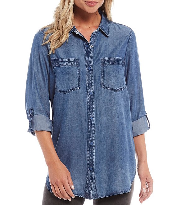Color:Medium Blue - Image 1 - Long Roll-Tab Sleeve Button Front Slub Lyocell Shirt
