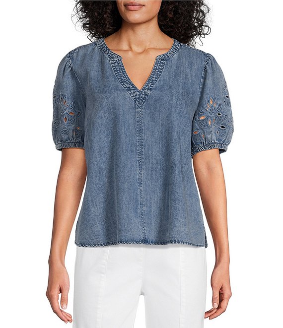 Intro Split V-Neck Embroidered Elbow Puff Sleeve Denim Blouse