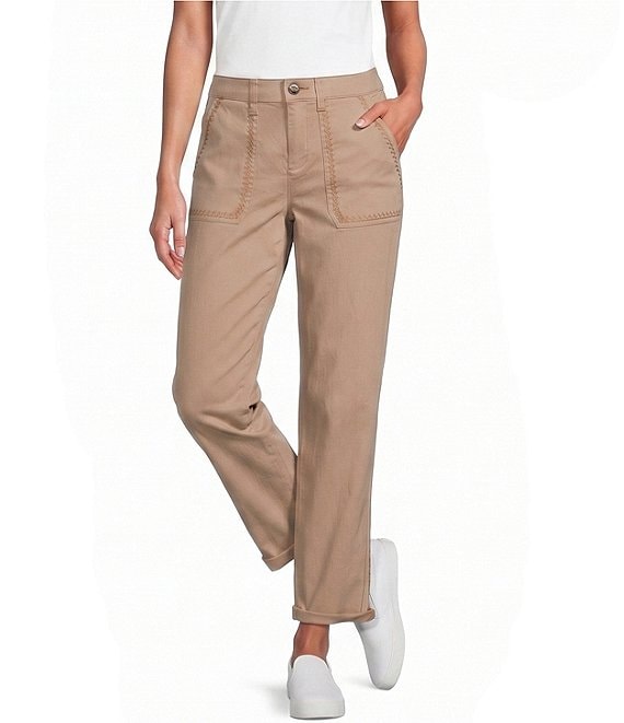 Intro Stretch Twill Embroidered Slim Roll Cuff Ankle Pants