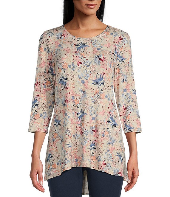 Intro Watercolor Floral Print Scoop Neck 3/4 Sleeve Pleated Back High ...