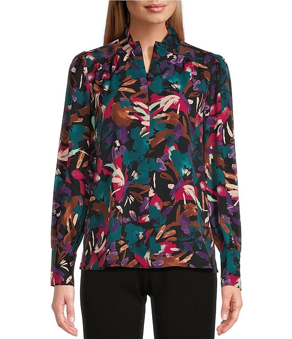 Investment Floral Print Gestures Long Sleeve Partial Zip Mock Neck ...