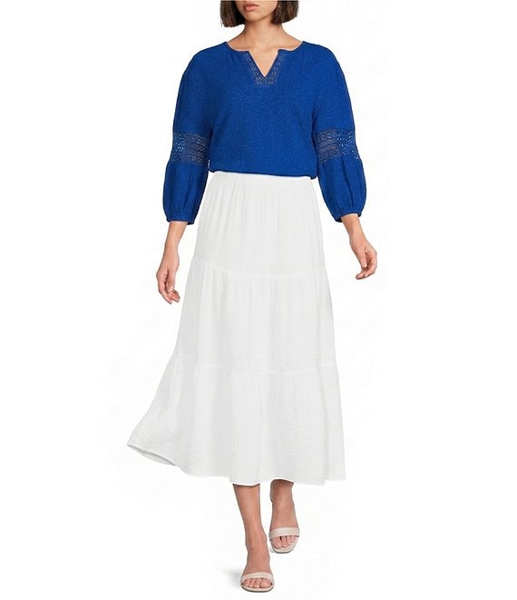 Investments 3/4 Sleeve Embroidery Trim Split V-Neck Coordinating Blouse