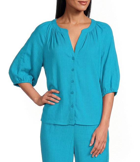 Investments 3/4 Sleeve Palm Tree Embroidery Y-Neck Button Down Coordinating Set Blouse