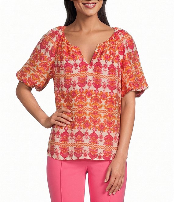Investments Bold Geo Stripe Print 3/4 Bubble Sleeve Split Round Neck Blouse