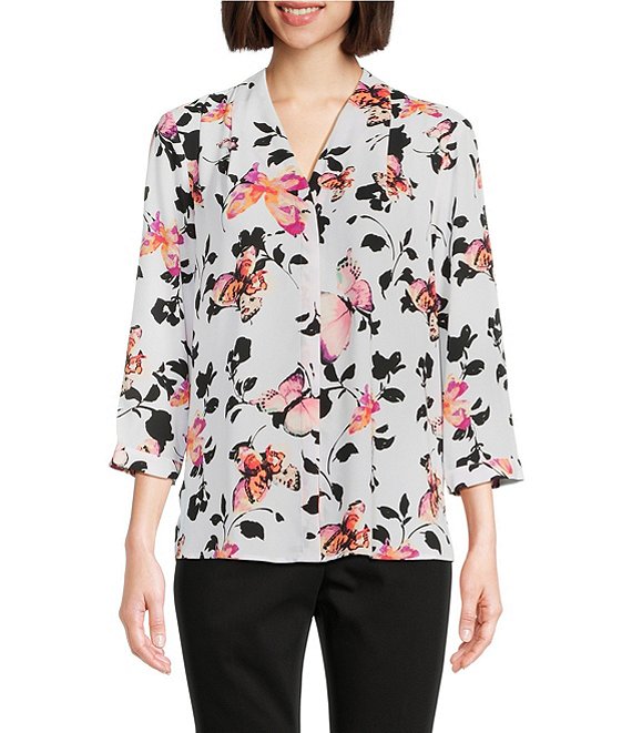Investments Caroline Signature Butterfly Harmony Print V Neck 3 4 Sleeve Button Front Top