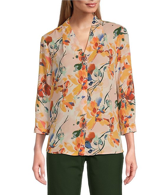 Investments Caroline Signature Whimsy Floral Print V-Neck 3/4 Sleeve ...