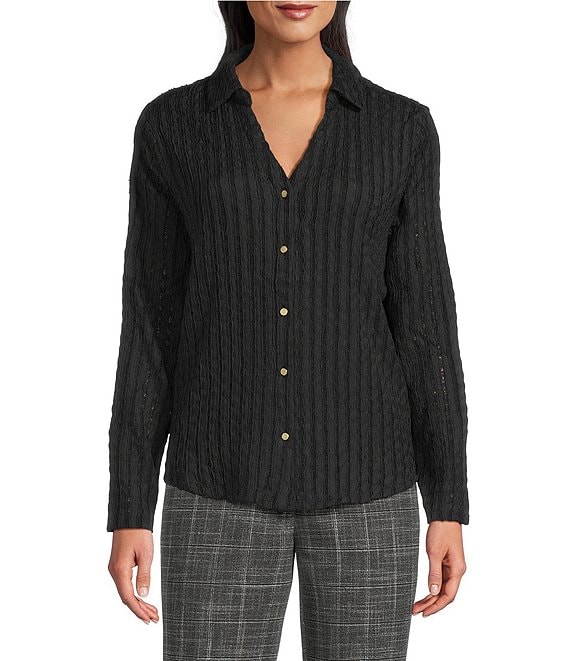 Investments Knit Long Sleeve Y-Neck Button Front Novelty Top