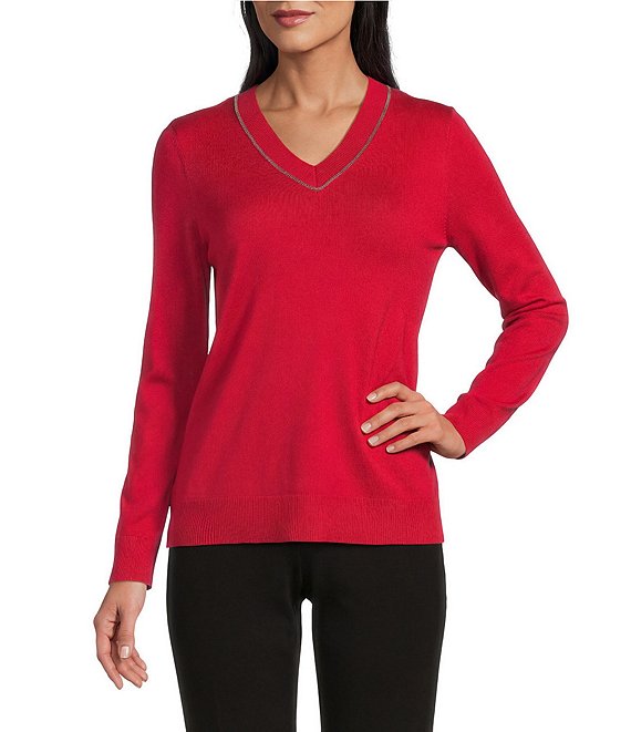 Investments Long Sleeve V-Neck Pullover Top, Haute Red - Image 1