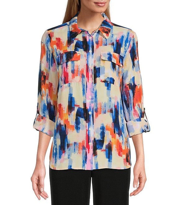 Color:Watercolor - Image 1 - Olivia Watercolor Print Point Collar Long Roll-Tab Sleeve Utility Blouse