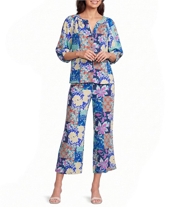 Investments Patchwork Floral Print Pull-On Wide Leg Crop Coordinating Pants