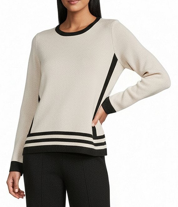 Investments Petite Border Stripe Long Sleeve Crew Neck Pullover Top, Border Stripe - Image 1