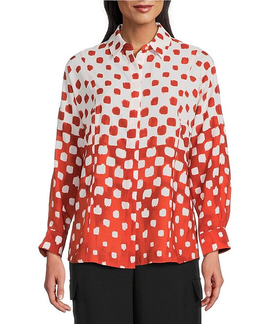 Investments Petite Burnt Ochre Polka Dot Dolman Long Sleeve Button Front Point Collar Blouse, Burnt Ochre Dot Gradient - Image 1