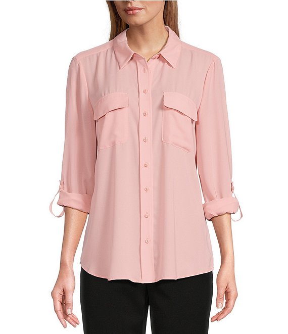 Color:Silver Pink - Image 1 - Petite Size Olivia Point Collar Long Roll-Tab Sleeve Button Front Utility Blouse