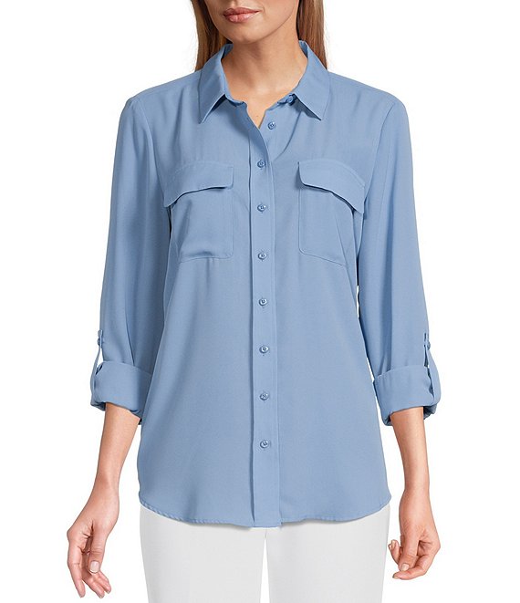 Color:Blissful Blue - Image 1 - Petite Size Olivia Point Collar Long Roll-Tab Sleeve Button Front Utility Blouse