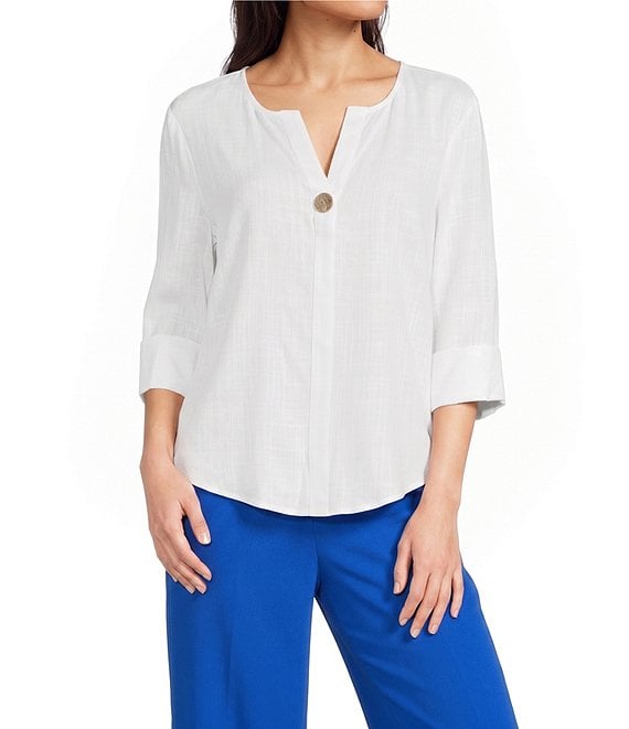 Investments Petite Size 3/4 Sleeve Split V-Neck Button Shirt