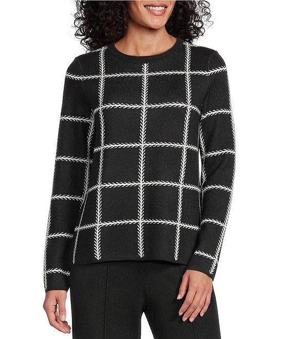 Investments Petite Size Black Checked Long Sleeve Crew Neck Pullover Top