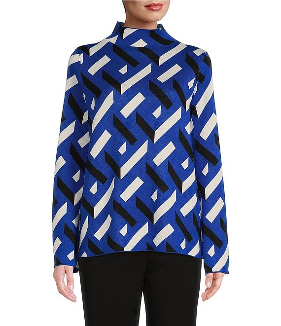 Color:Blue Brick - Image 1 - Petite Size Brick Print Long Sleeve Funnel Mock Neck Sweater
