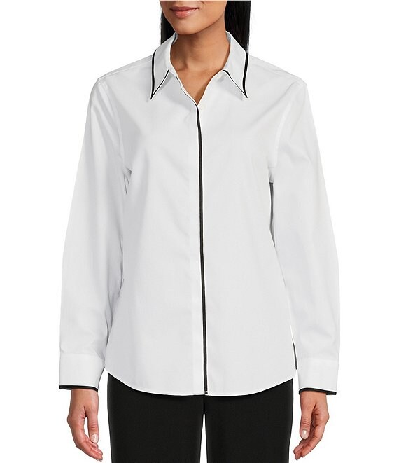 Color:White Tipped - Image 1 - Petite Size Brooke Gold Label Point Collar White Tipped Long Sleeve Button Front Shirt