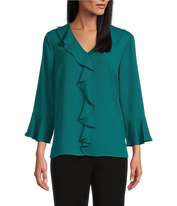 Color:Everglade - Image 1 - Petite Size Riley Woven Cascading Ruffled V-Neck 3/4 Sleeve Top