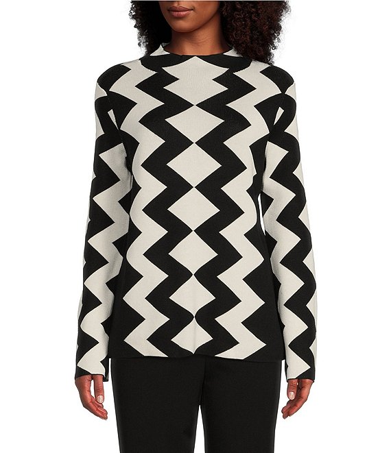Color:Black/White Chevron - Image 1 - Petite Size Chevron Stripe Print Long Sleeve Funnel Mock Neck Sweater