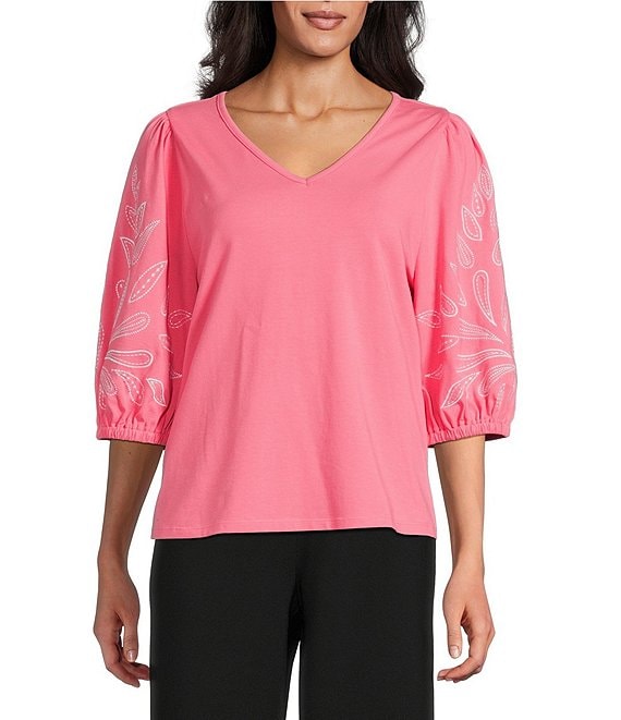 Investments Petite Size Elbow Sleeve Embroidery V-Neck Knit Top