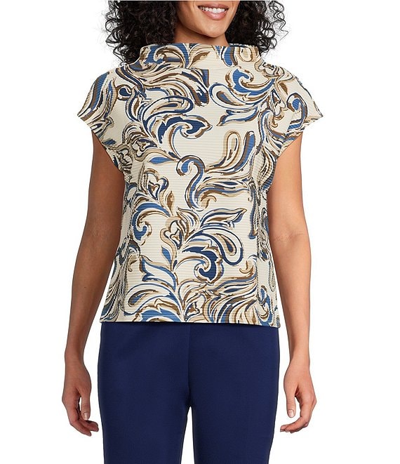 Investments Petite Size Knit Buttercream/Blue Paisley Short Sleeve High Neck Ottoman Top, Buttercream/Blue Paisley - Image 1
