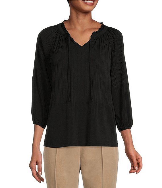 Color:Black - Image 1 - Petite Size Knit Pleated Tie V-Neck 3/4 Sleeve Top